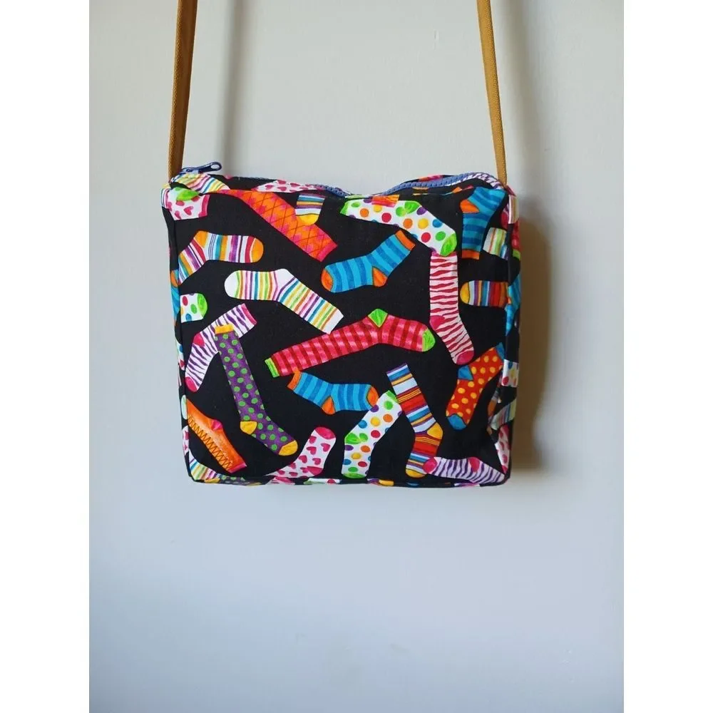 Tenderlily's Colorful Sock Print Crossbody Bag Black Fabric Shoulder Purse‎
